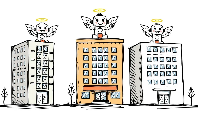 Robots con alas y aureolas sobre hoteles, simbolizando el impacto positivo de la IA en el sector hotelero