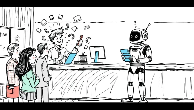 Robot de IA atendiendo a huéspedes en la recepción de un hotel mientras las personas hacen fila
