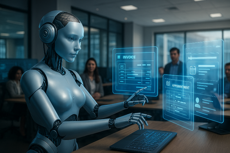 Robot con inteligencia artificial gestionando facturas y citas desde un portátil en una oficina moderna, representando a una asistente virtual administrativa.