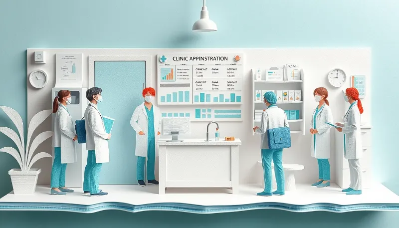 Equipo médico gestionando datos clínicos digitales en una recepción automatizada con pantallas y estadísticas de atención