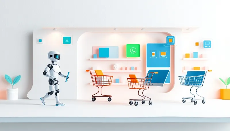 Robot con móvil frente a carritos de compra y estanterías digitales con apps
