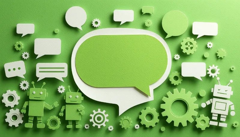 Robots y engranajes verdes rodeando burbujas de conversación sobre fondo verde.