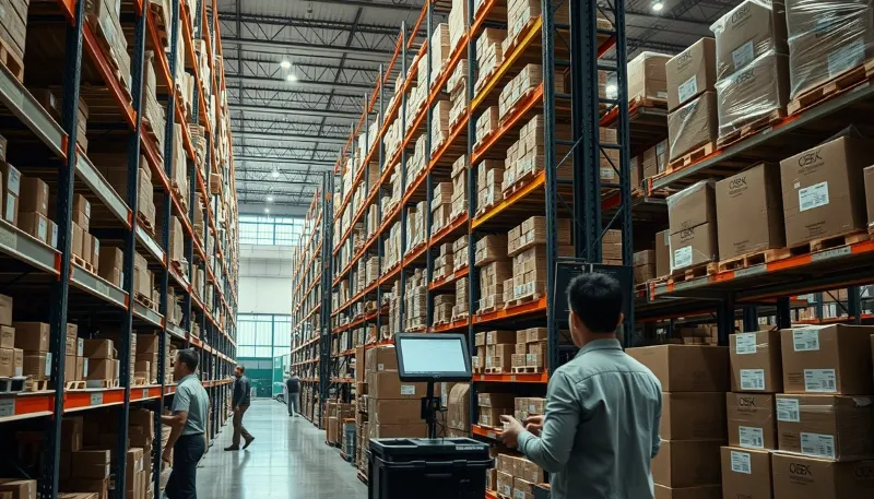 Almacén industrial con operarios y ordenador, representando la implementación logística del checklist de adopción de IA para pymes en 2025.