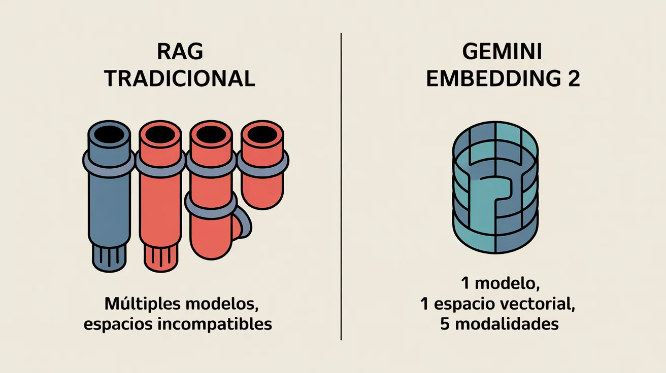 Comparativa infográfica entre pipeline RAG tradicional con múltiples modelos y Gemini Embedding 2 con espacio vectorial unificado